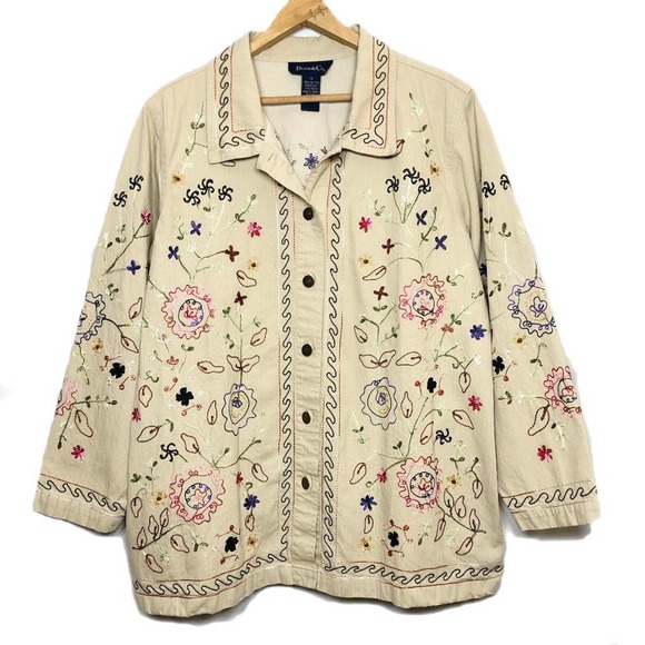 Vintage Denim & Co Floral Embroidered Tan Button Up Oversized Jacket 1X - Picture 1 of 11